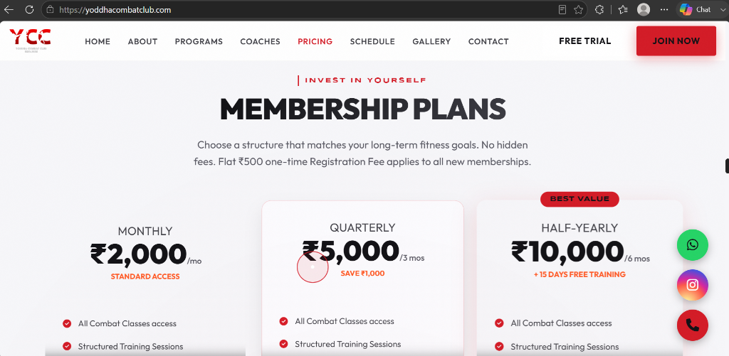 Yoddha Combat Club membership pricing page
